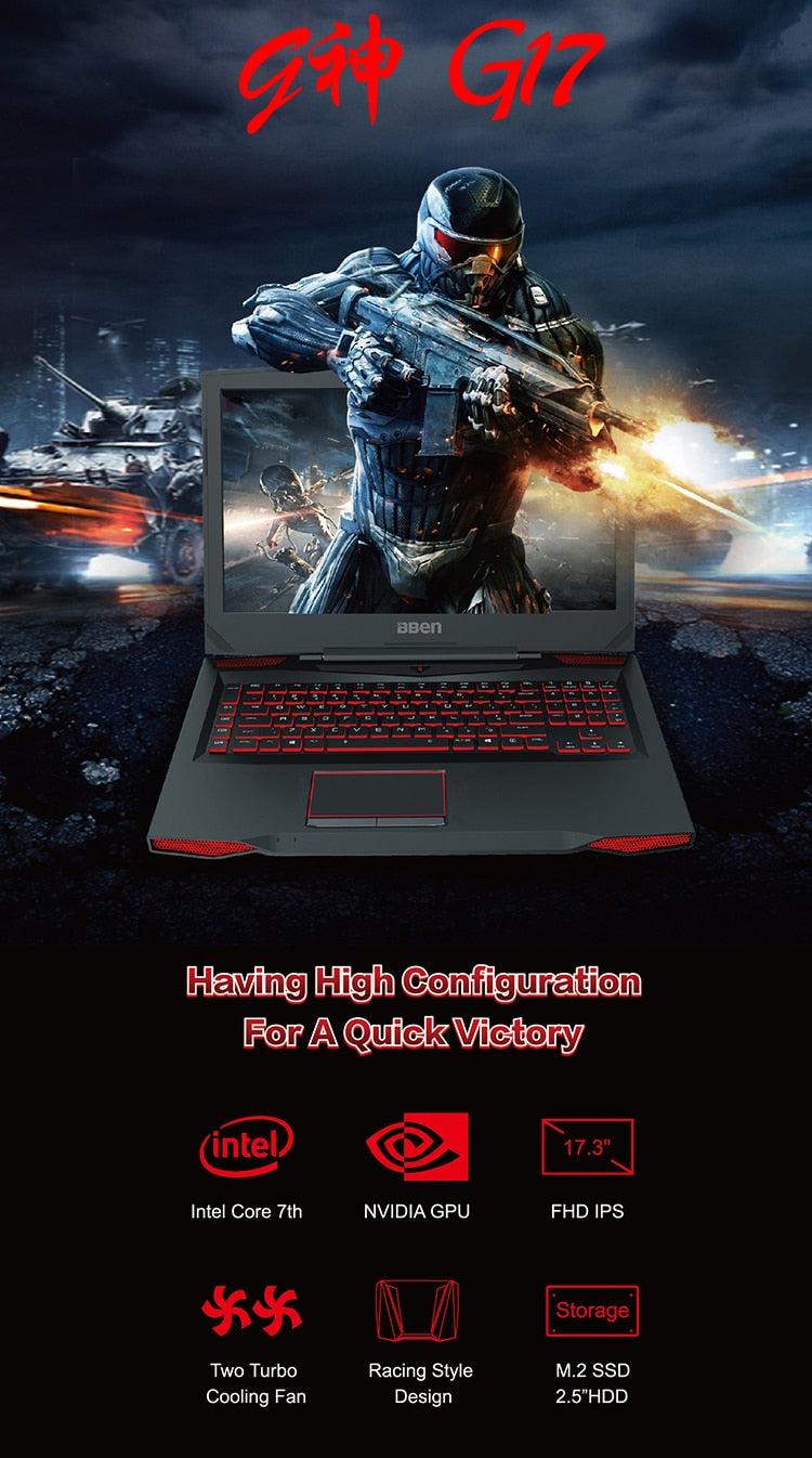 Bben Gaming Laptops 17.3" RGB mechanical backlit keyboard Pro Win10 NVIDIA GTX1060 Intel i7 7700HQ 32GB+512GB SSD+2TB HDD disk