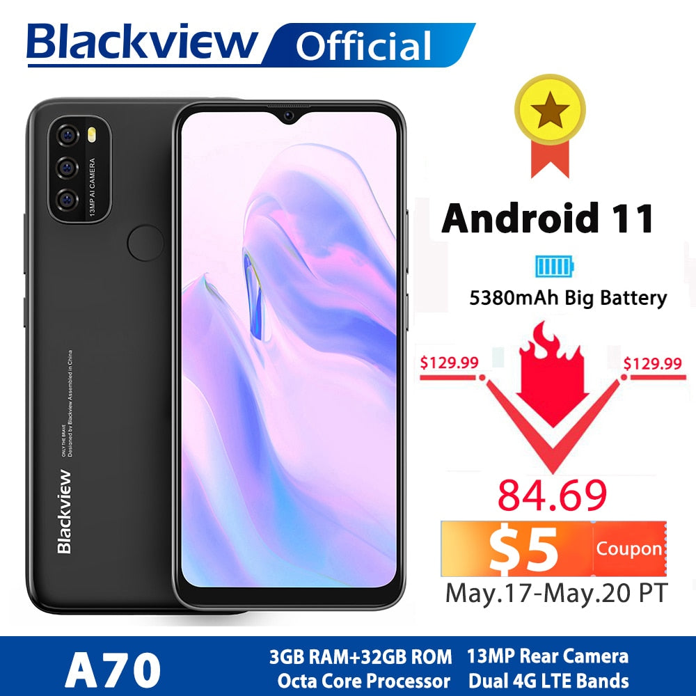 Blackview A70 Android 11 Smartphone 6.517 Inch Display Octa Core 3GB RAM+32GB ROM 5380mAh 13MP Rear Camera 4G Mobile Phone